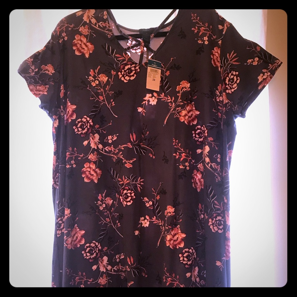2XL bluish gray, cross front floral dress